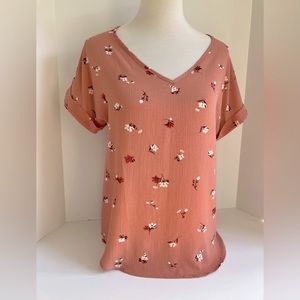 Pink Rose V-Neck Womens Blouse, Size L, Rose pink